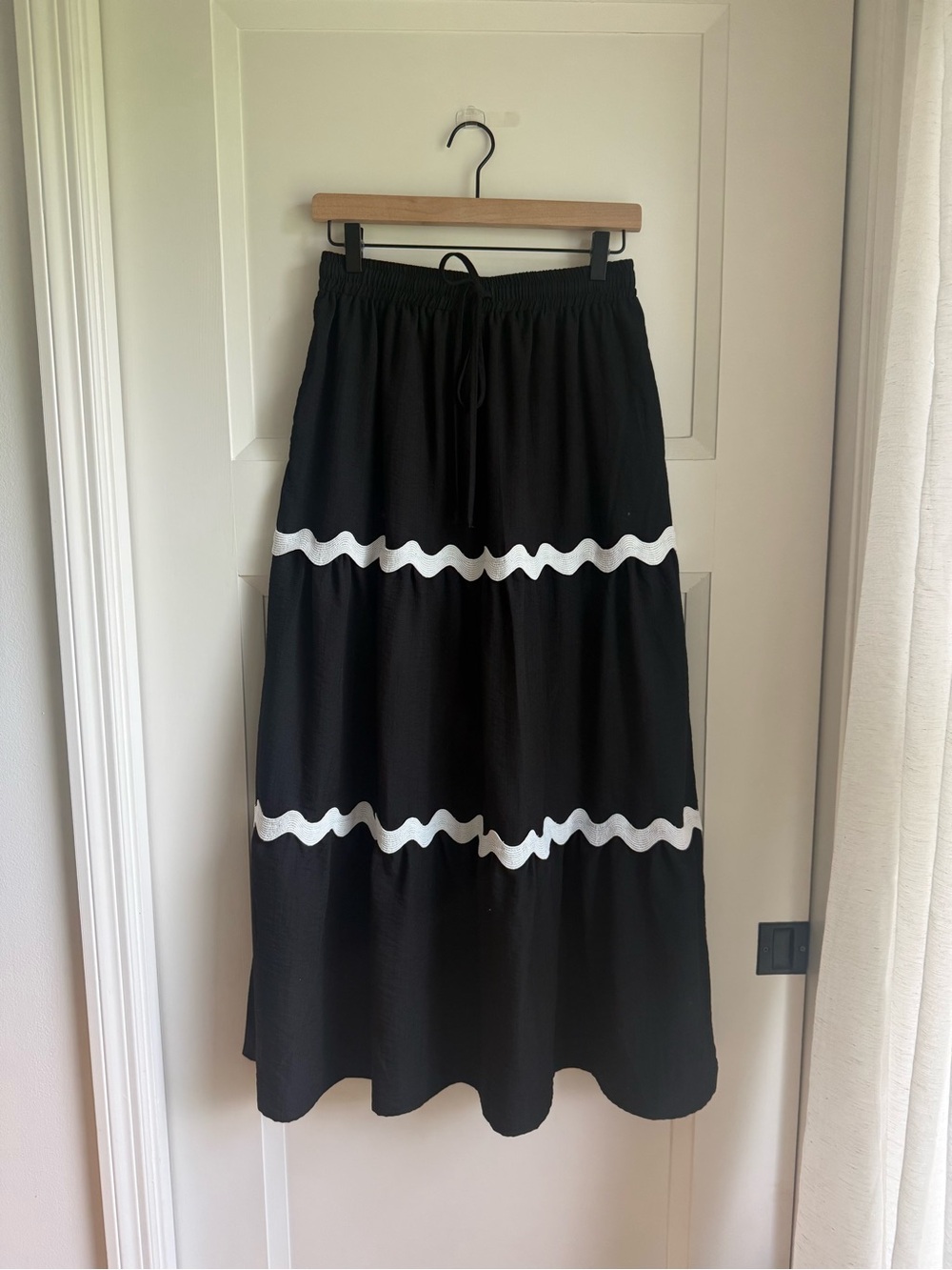 Black Maxi Skirt with White Wave Trim